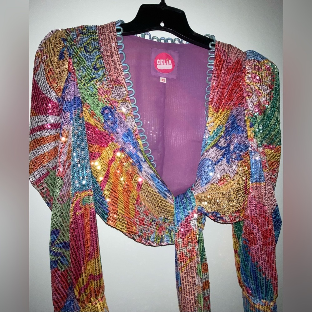 Celia B CeliaB Fuji Sequin Rainbow Top Wrap Blouse shirt XS Disco Party Dopamine - Picture 6 of 15